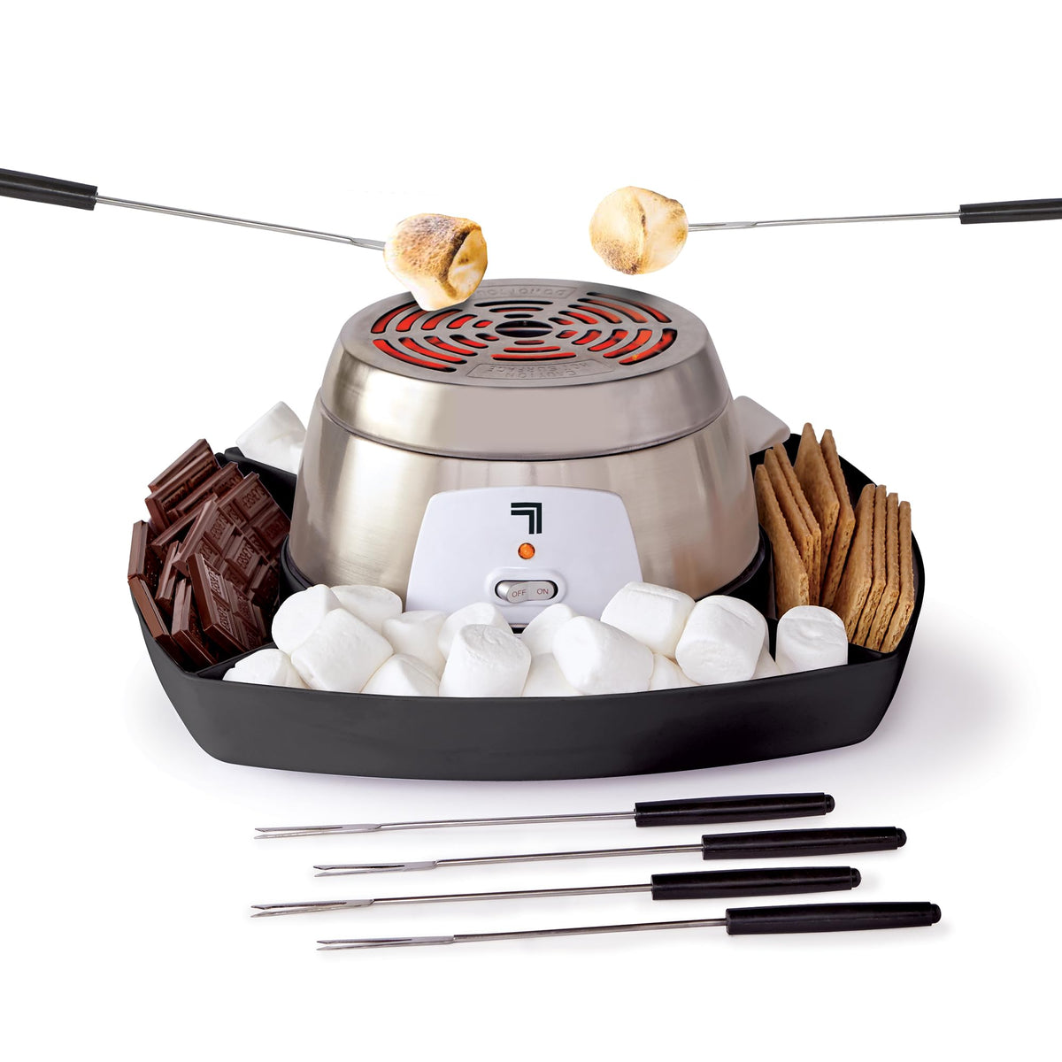 Sharper Image Electric S'mores Maker front view with sleek housing, ideal for compact indoor setups.