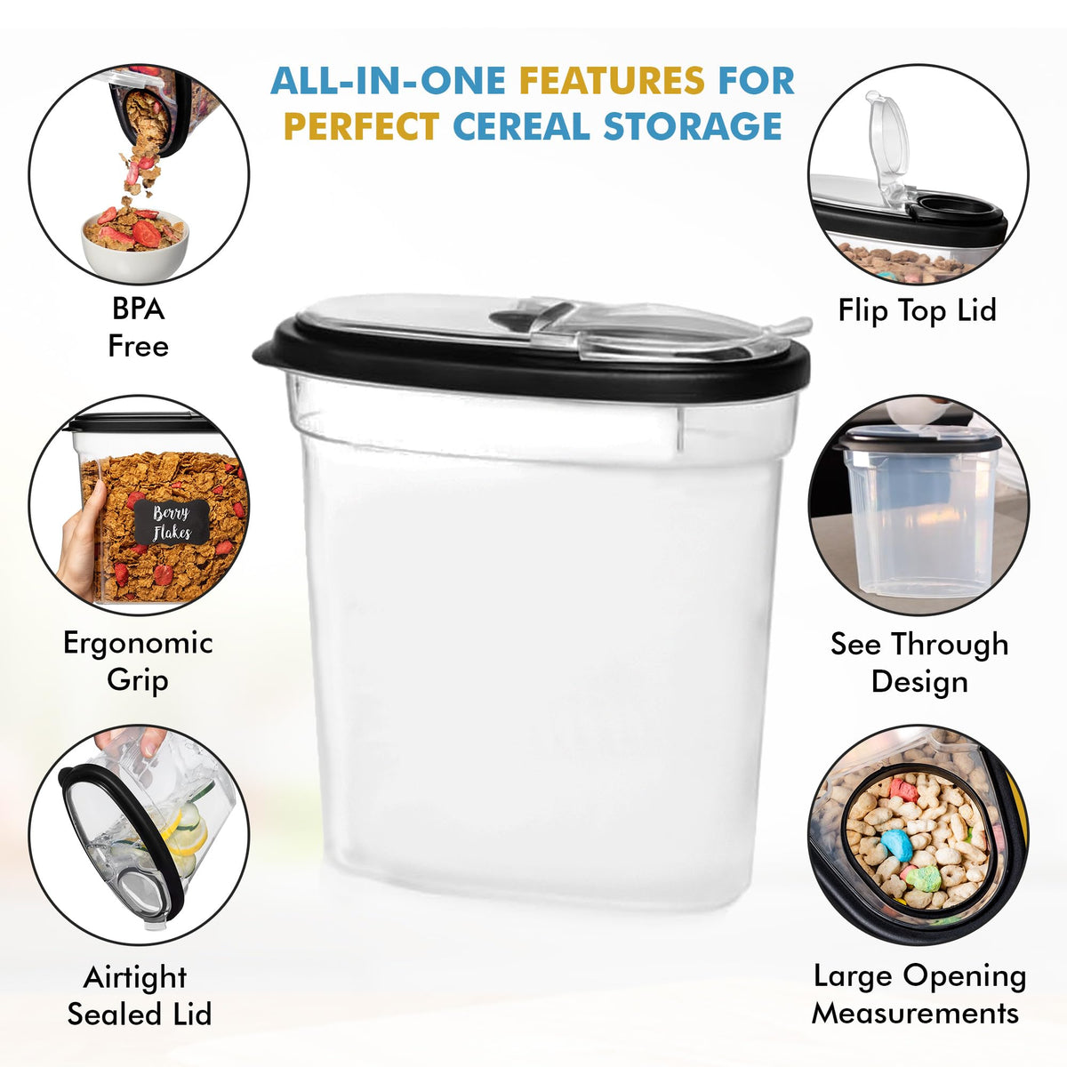 Shazo 3pc cereal container set, 2.8L, compact and space-saving on shelves.