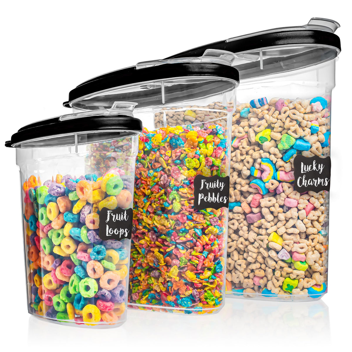Shazo 3pc cereal container set with 5.2L capacity and airtight lids for pantry organization.