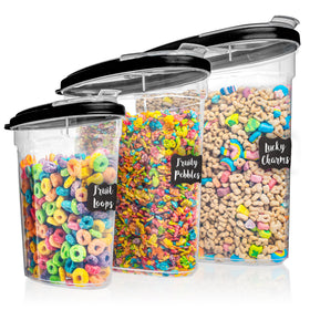 Shazo 3pc cereal container set with 5.2L capacity and airtight lids for pantry organization.