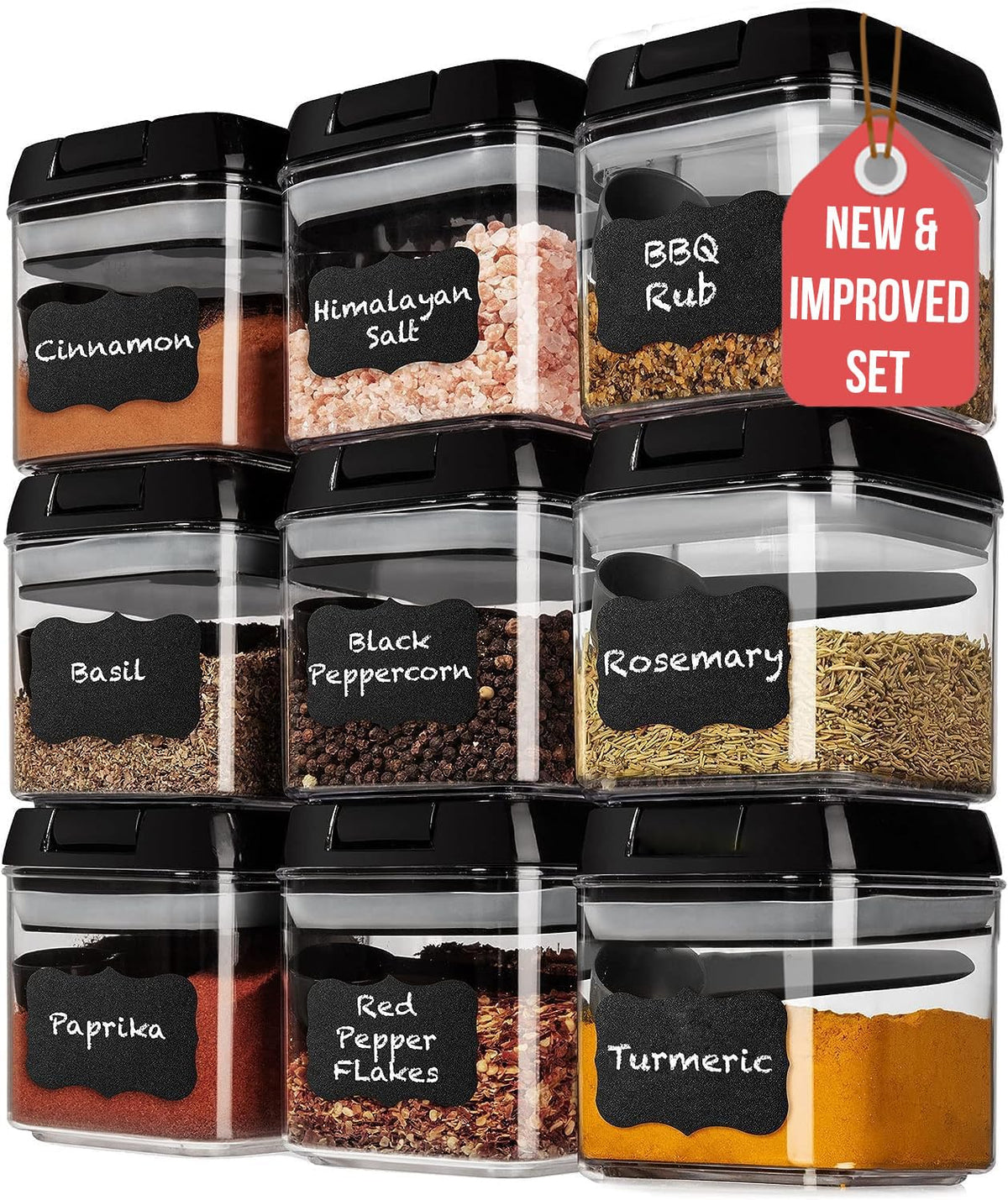 Shazo 9pc airtight containers with clear bodies show contents while preserving freshness.