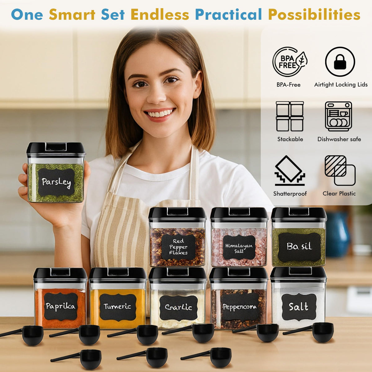 Shazo 9pc leak-proof lids ensure spill-resistance and easy pouring in the kitchen.
