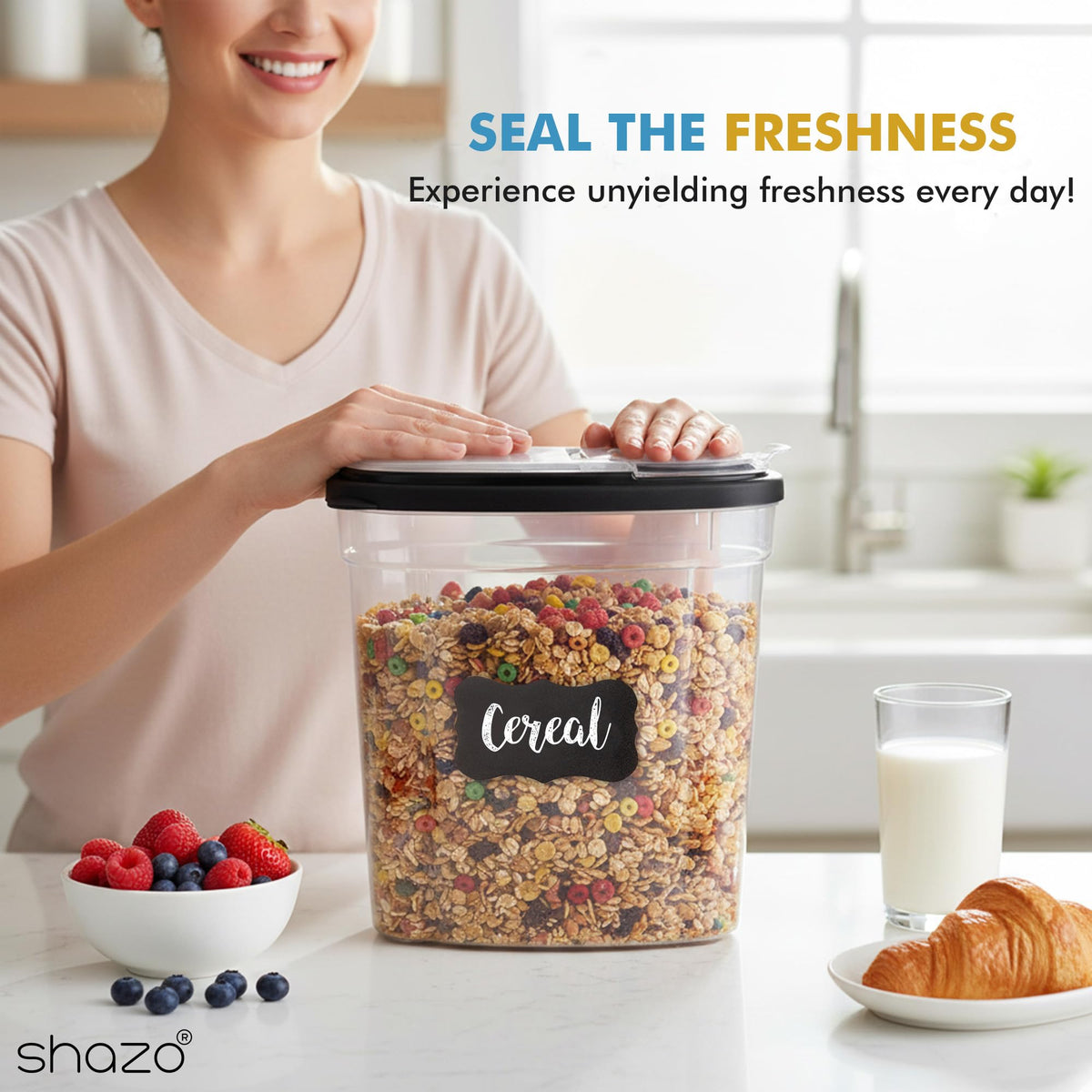 Shazo BPA-free plastic storage containers for safe dry goods storage.