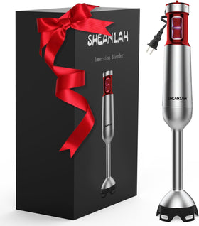 SHEANLAH immersion blender with red handle for comfortable blending.