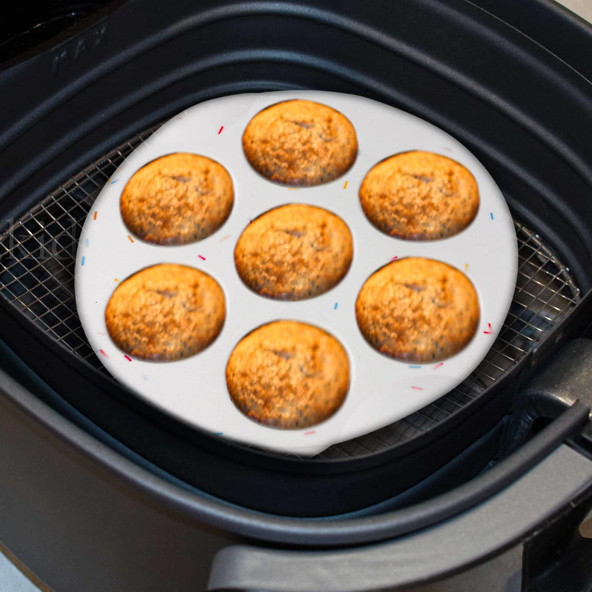 SHEbaking air fryer muffin pan with confetti design for fun baking