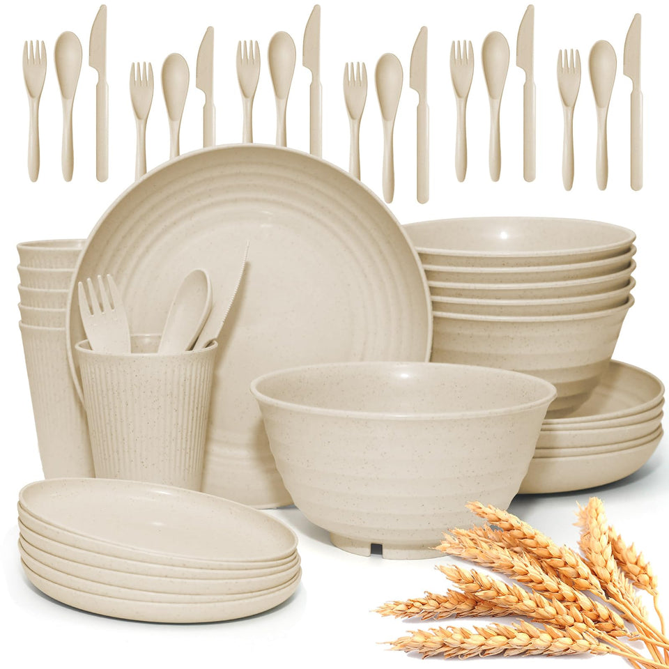SHECIPIN 42-piece beige dinnerware set for family meals and entertaining.