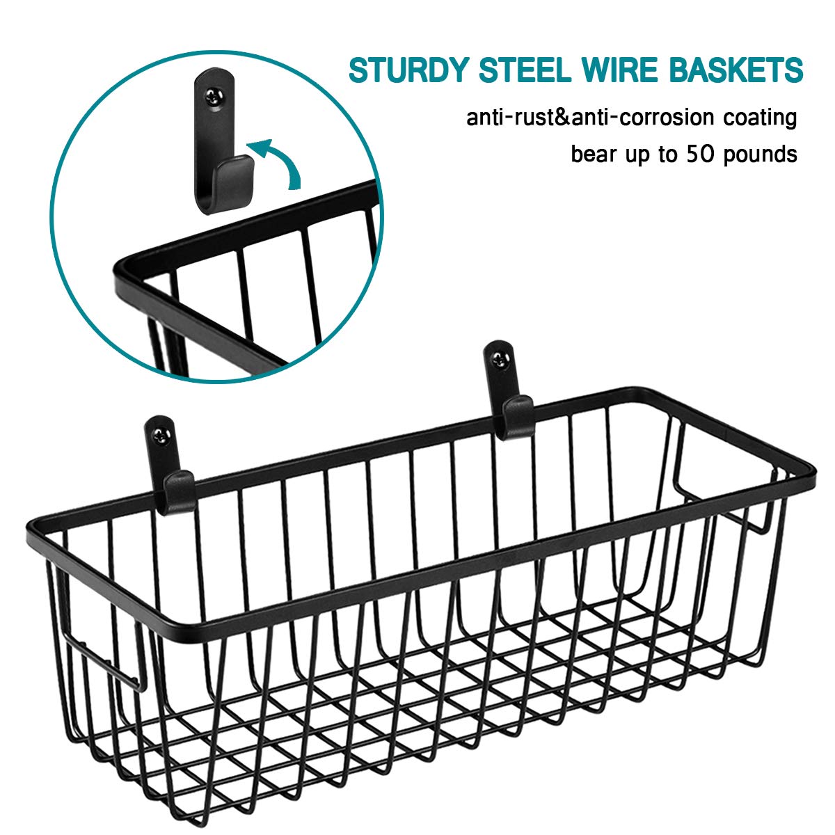 SheeChung rustic black wire bin provides easy shelf organization.