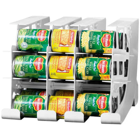 Shelf Reliance FIFO pantry rack front view shows organized cans for easy access.