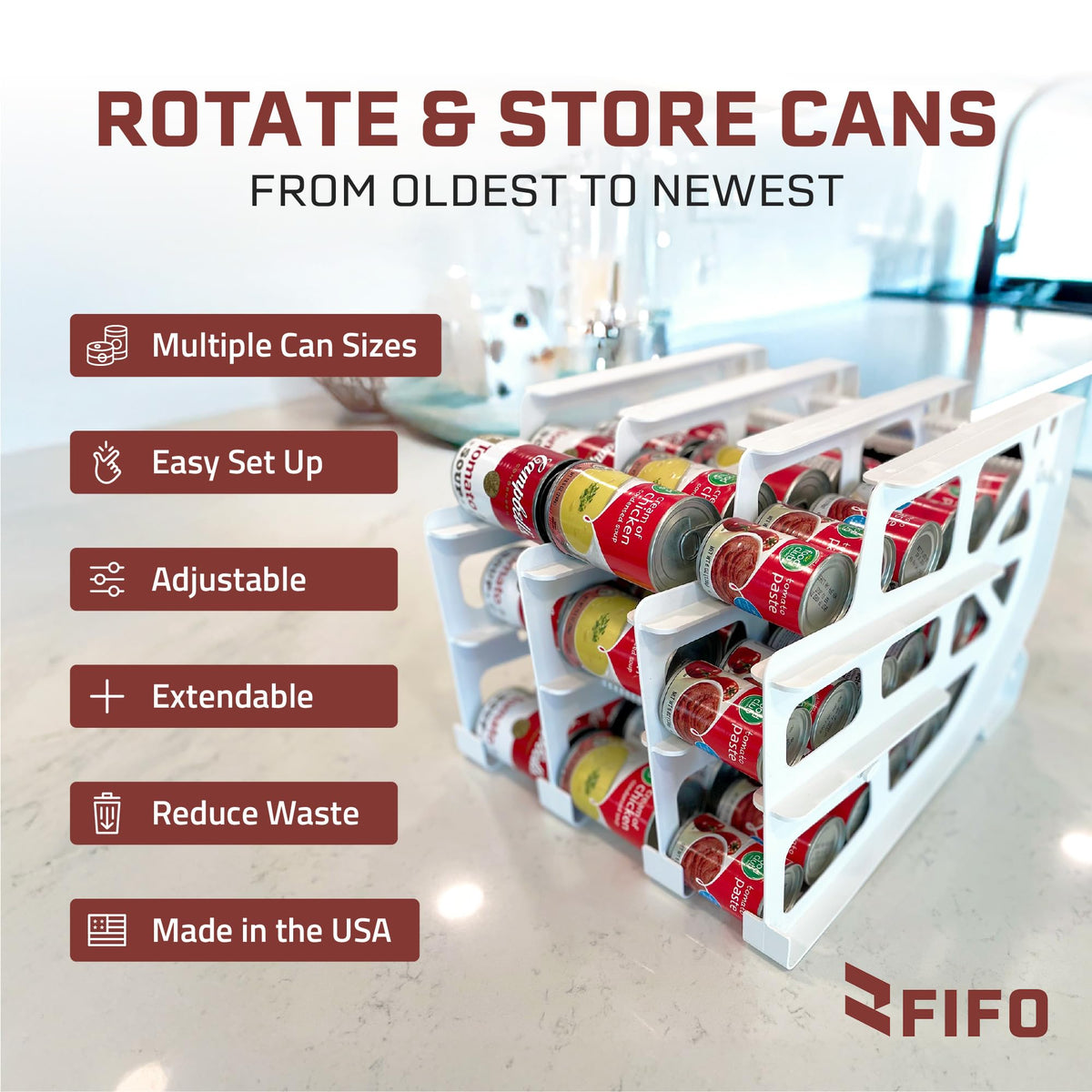 Shelf Reliance FIFO pantry rack installed in cabinet keeping shelves neat and accessible.