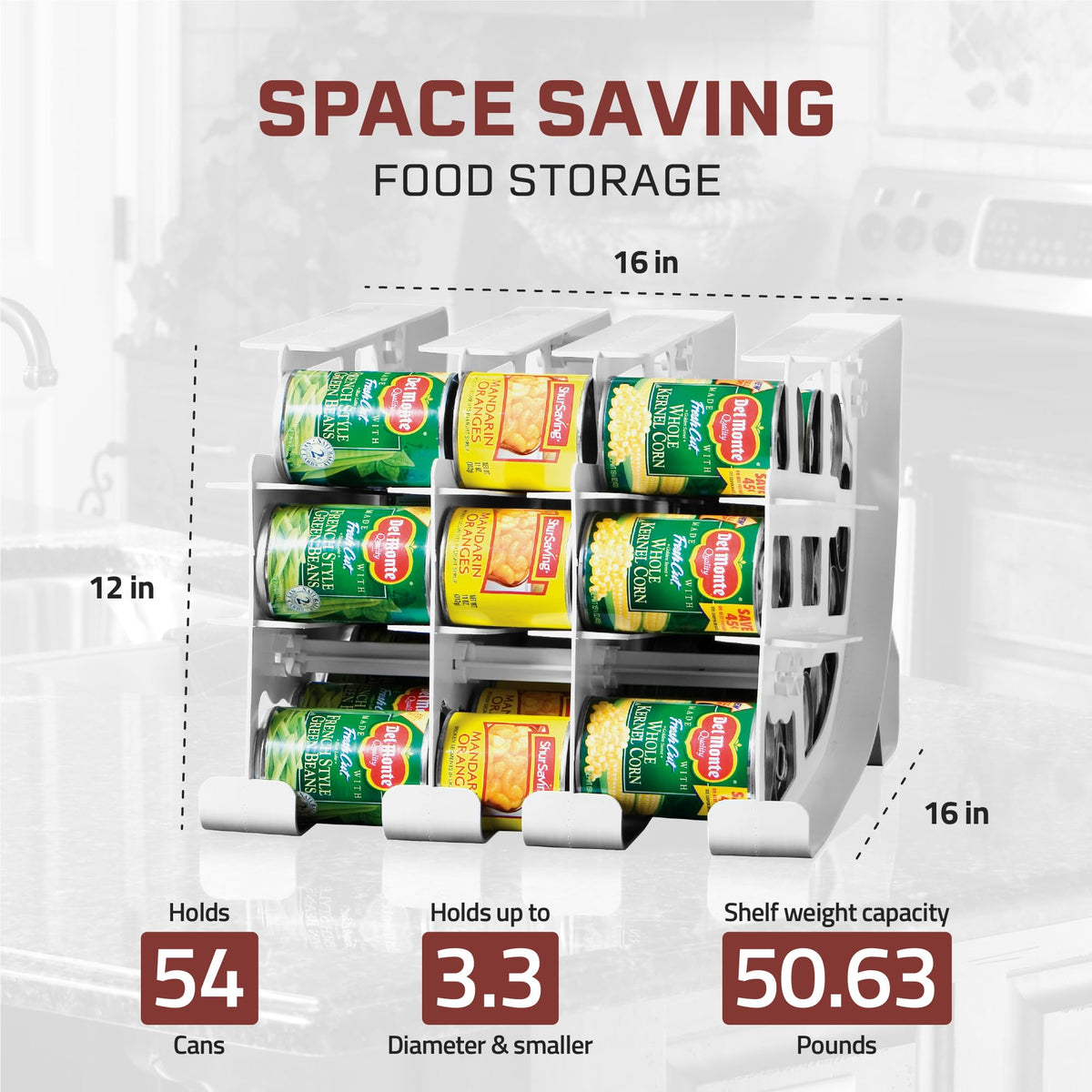 Shelf Reliance FIFO pantry rack tilted perspective highlighting 54-can capacity.