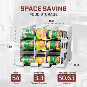 Shelf Reliance FIFO pantry rack tilted perspective highlighting 54-can capacity.