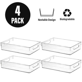 ShelfShaper clear storage bin in bathroom cabinets declutters vanity areas.