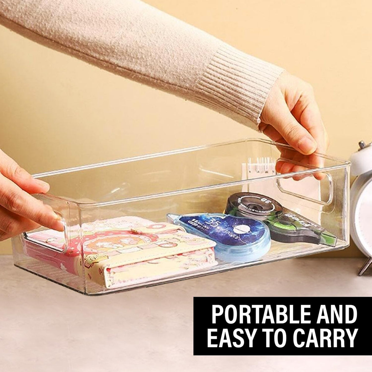 ShelfShaper clear storage bin under the sink provides durable storage.