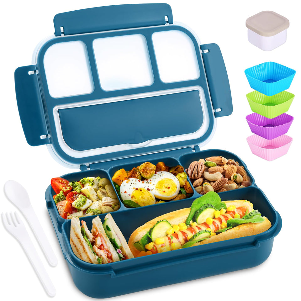Shell and Turtle navy bento box open lid showing four compartments for organized meals.