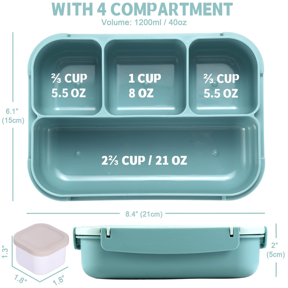 Shell and Turtle teal bento box open lid showing four compartments for variety.