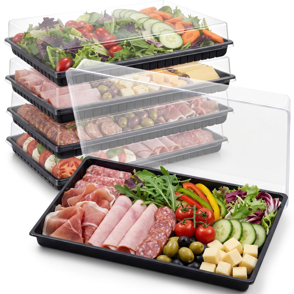Shellwei 5-pack extralarge charcuterie trays with lids for versatile serving.
