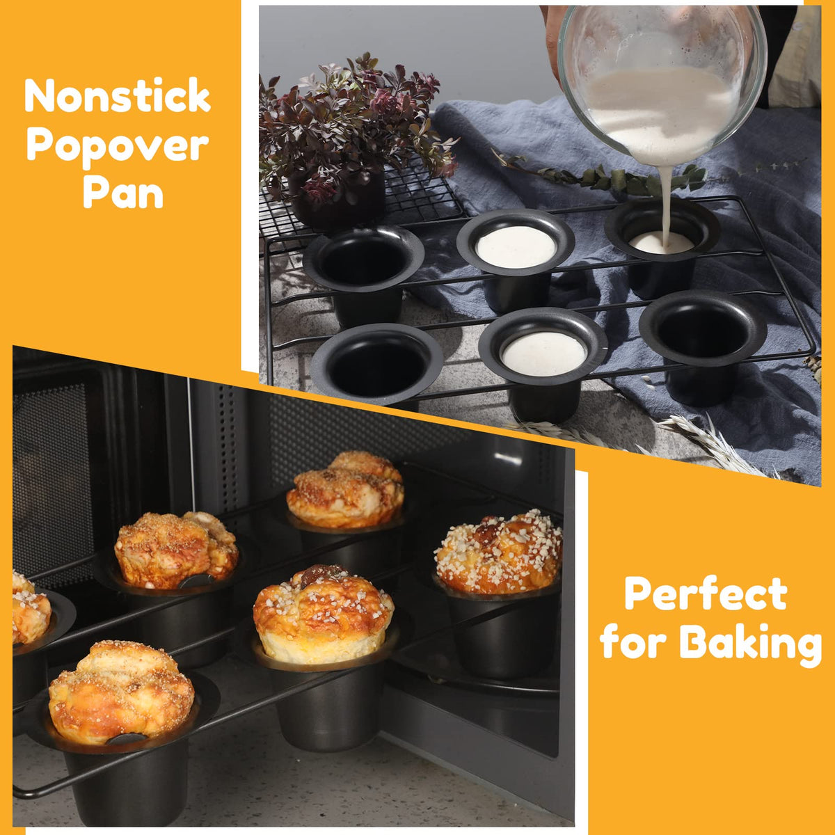 Shellwei popover pan inside an oven for even baking demonstration.