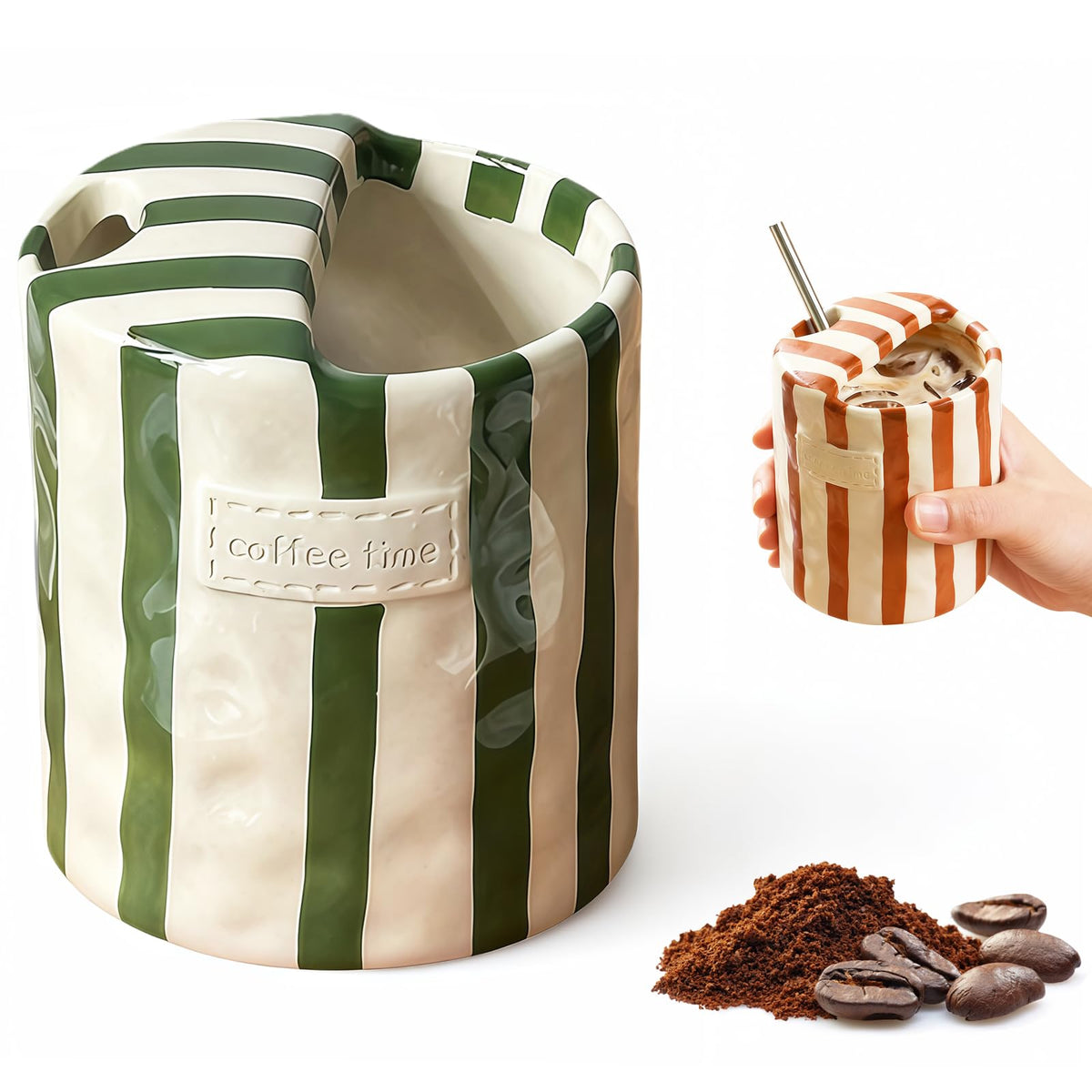 Shelprojsu 10oz ceramic mug with green stripes, ideal for daily coffee rituals.