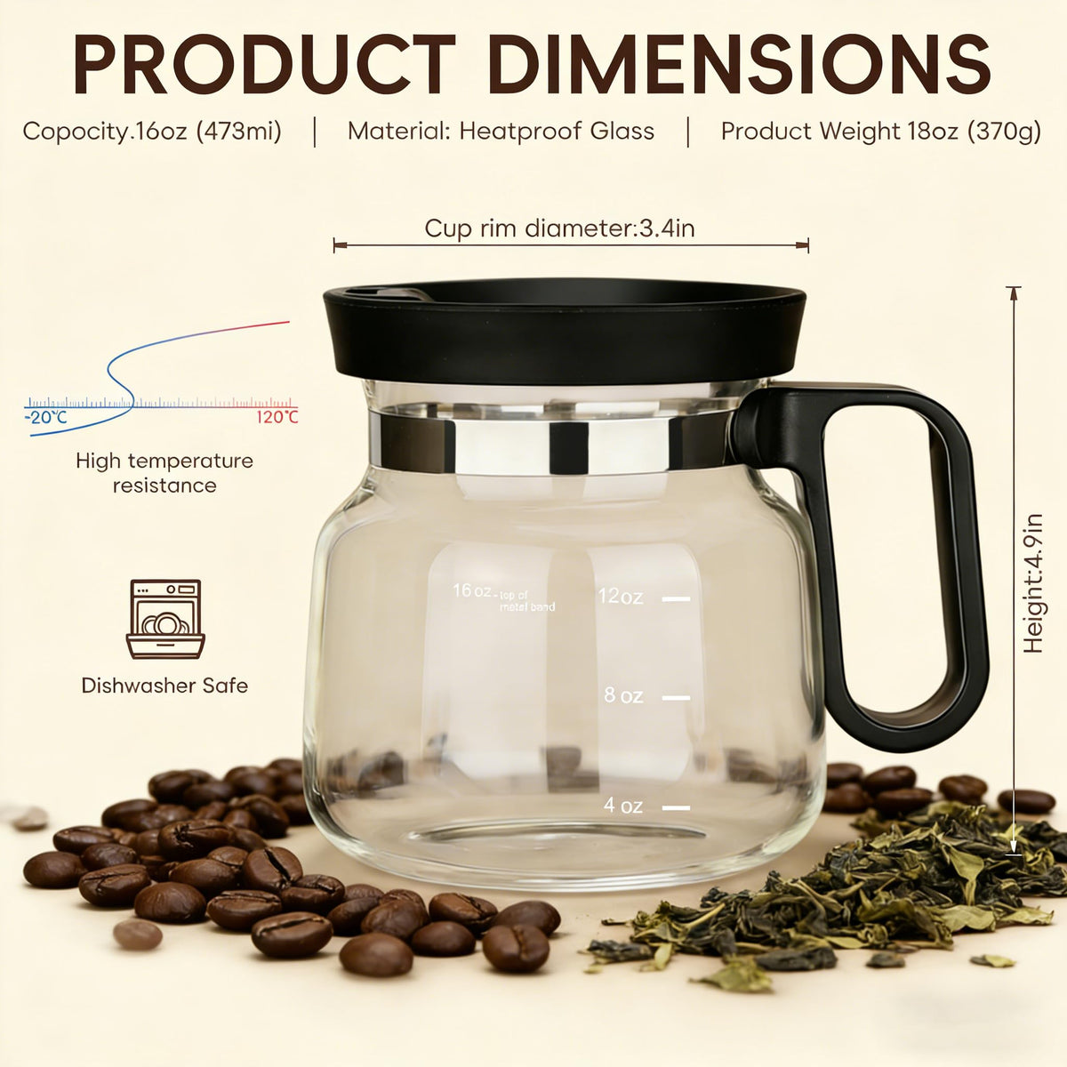 Shelprojsu glass coffee cup showing the leak-proof lid and pouring edge.