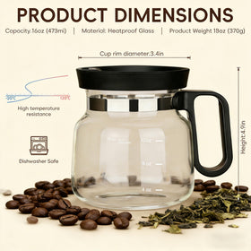 Shelprojsu glass coffee cup showing the leak-proof lid and pouring edge.