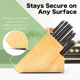 Durable bamboo veneer knife block supports heavy knife sets and cleans easily