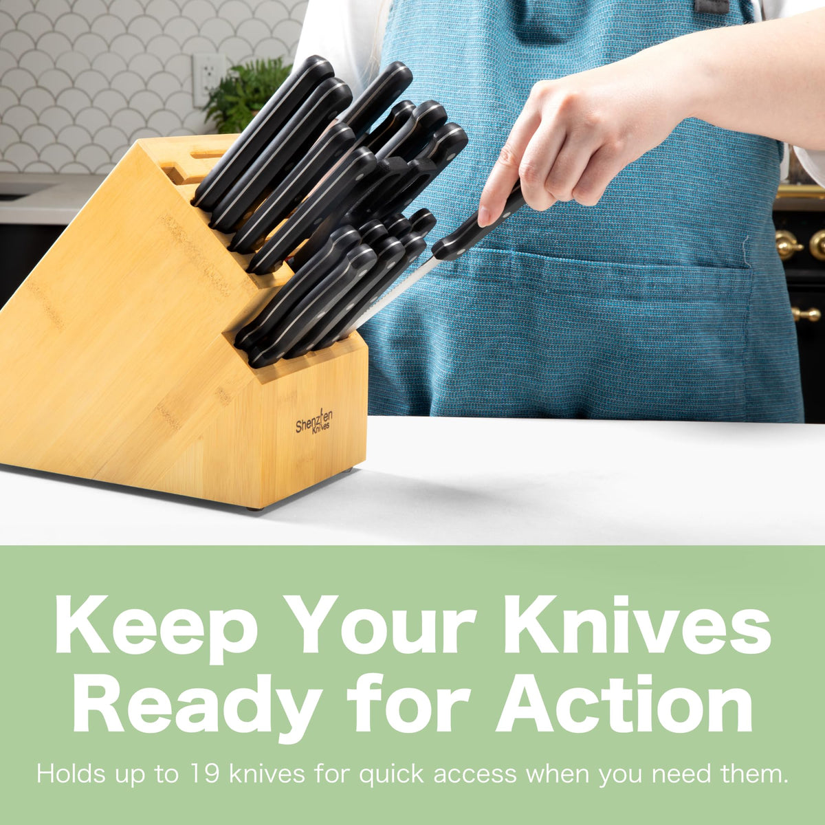 Knife block with non-skid feet stays stable on countertops during prep