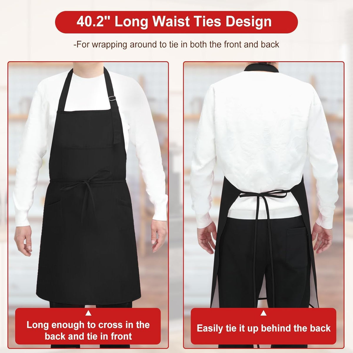 SHEOMERN adjustable neck and 40-inch waist tie for secure fit.