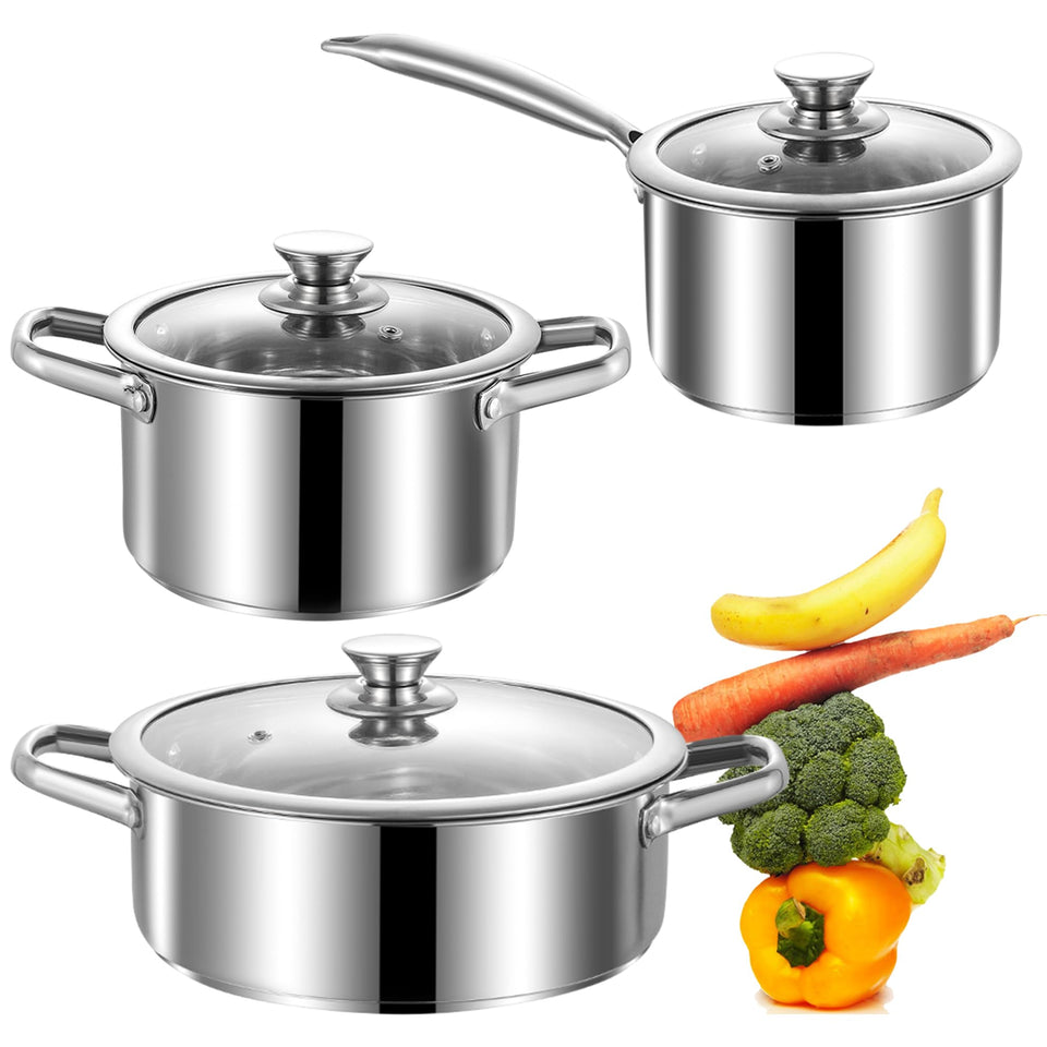 SHEUMNT 6-piece stainless steel pots with glass lid, even heat distribution for reliable results.