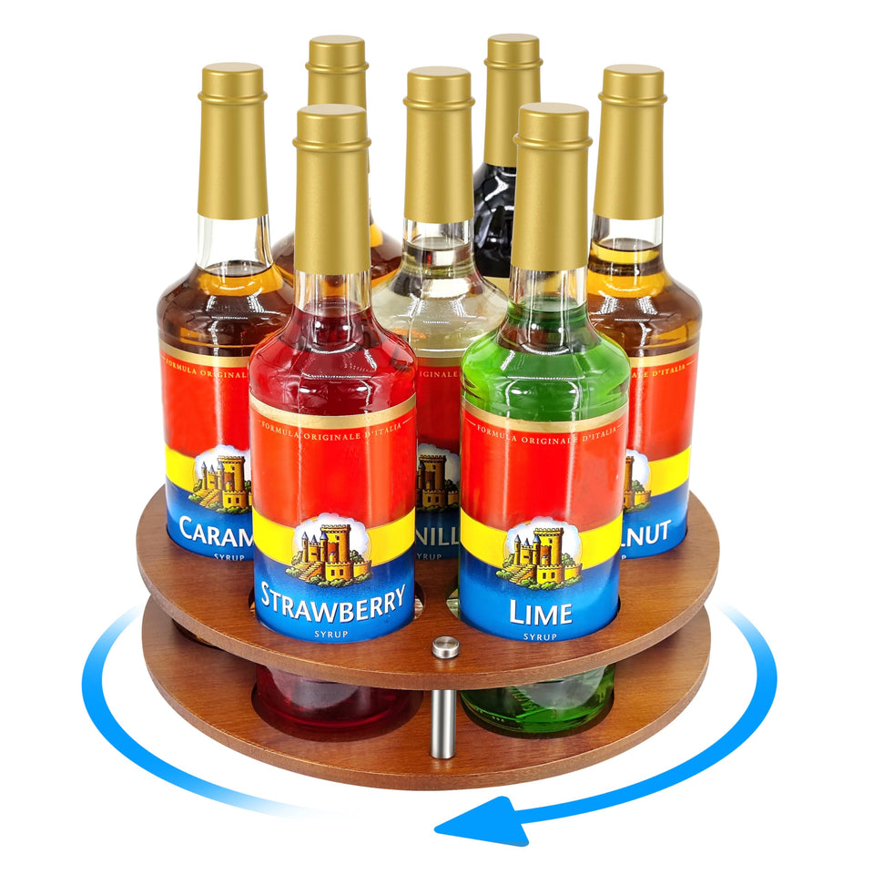 SHILFID rotating coffee syrup rack displaying seven bottles for organized station