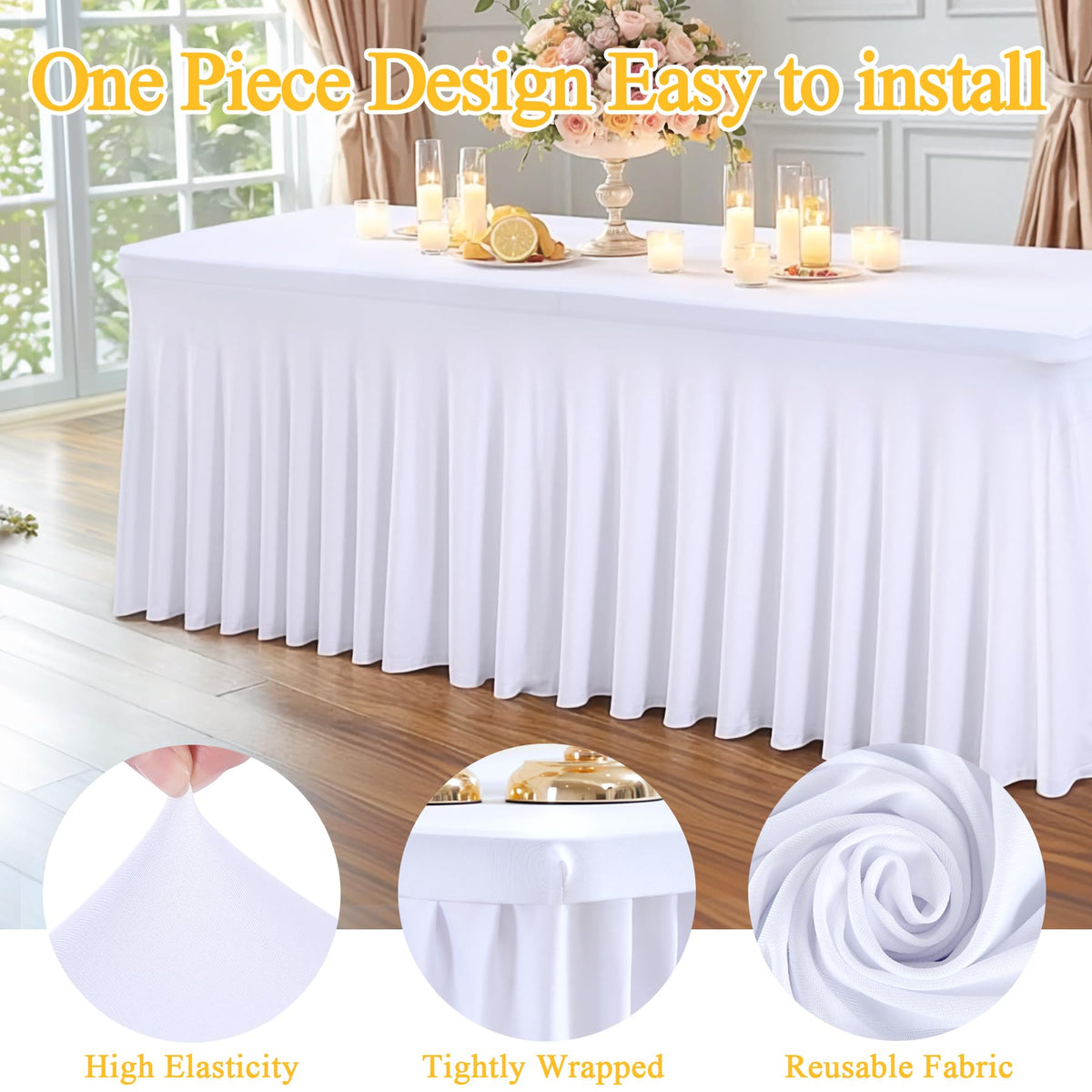 Shillance 72x30 inch white tablecloth showing a wrinkle-free, elegant banquet display.