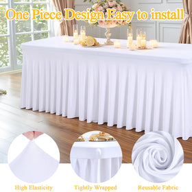 Shillance 72x30 inch white tablecloth showing a wrinkle-free, elegant banquet display.