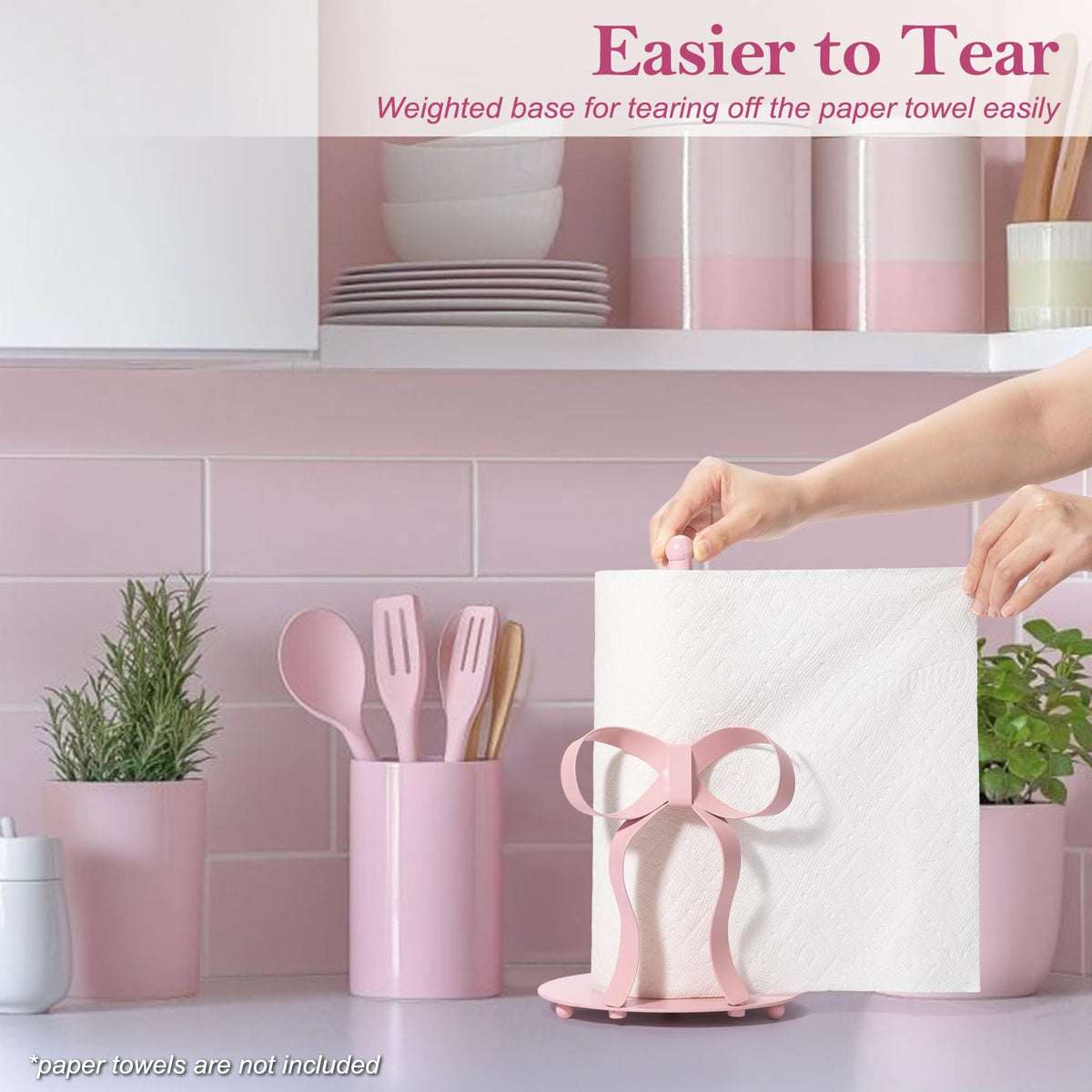 Shinlar countertop paper towel holder stands upright for easy tearing and access.