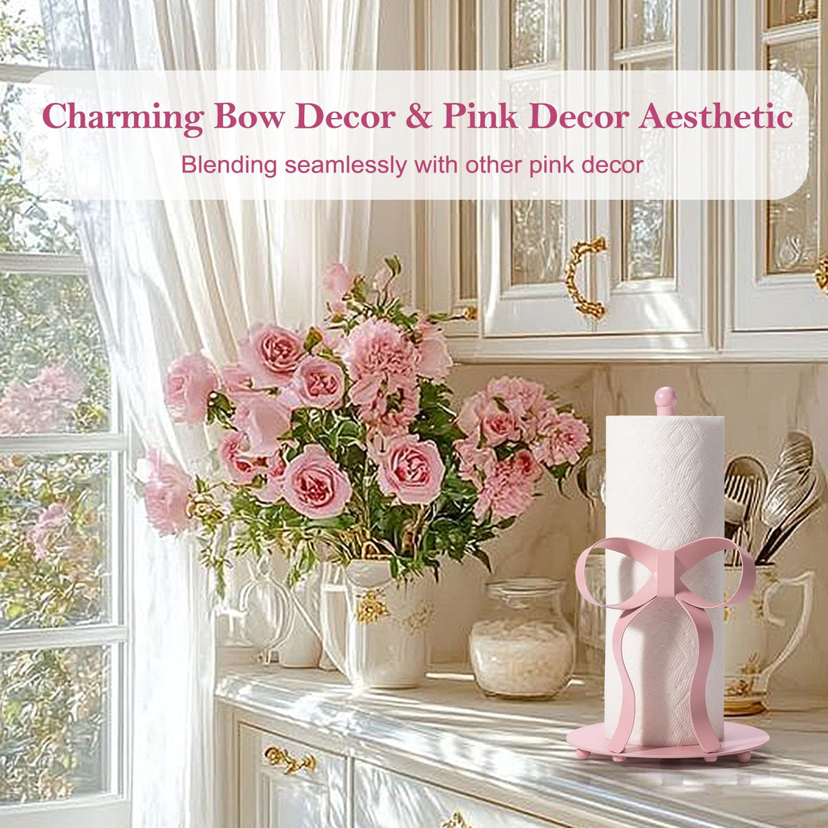 Shinlar pink-bow design adds charming decor while holding standard and jumbo rolls.