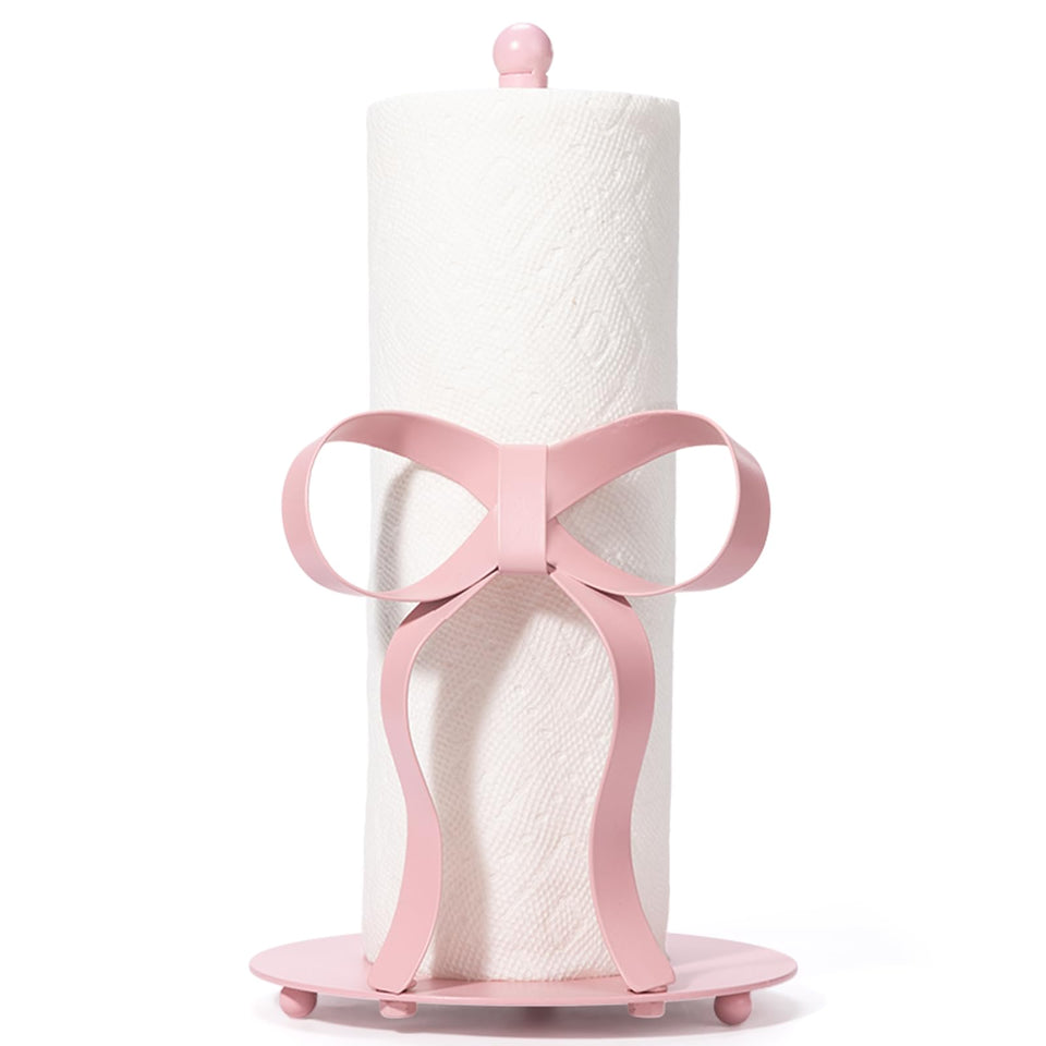 Shinlar Pink Bow Paper Towel Holder with a 3D bow design and stable countertop support.