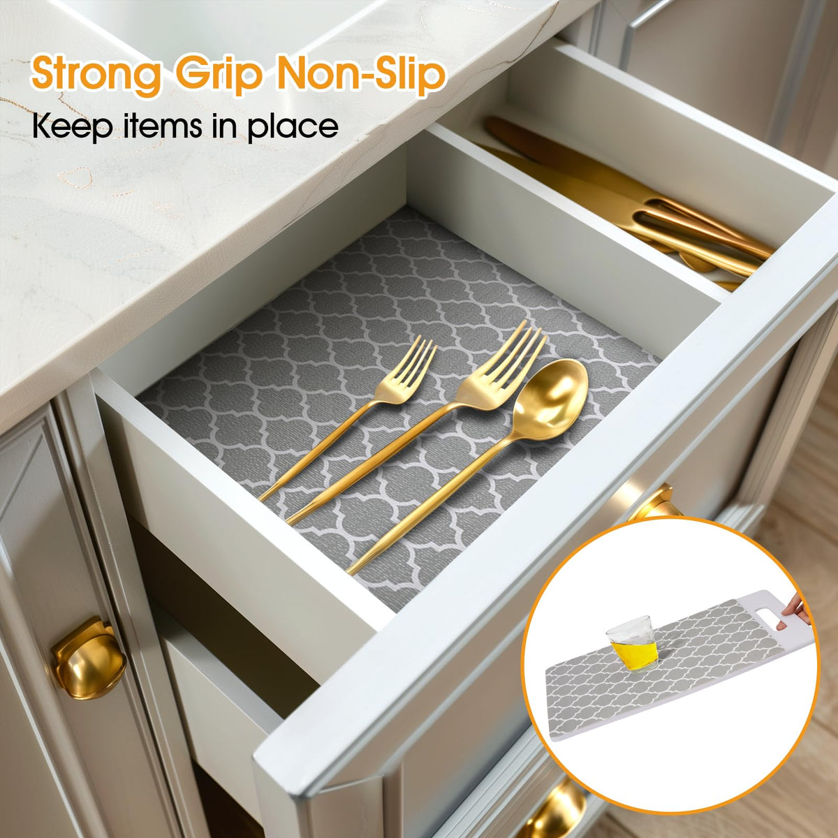 Shinlendid drawer liner strong grip bottom side prevents shifting of utensils.