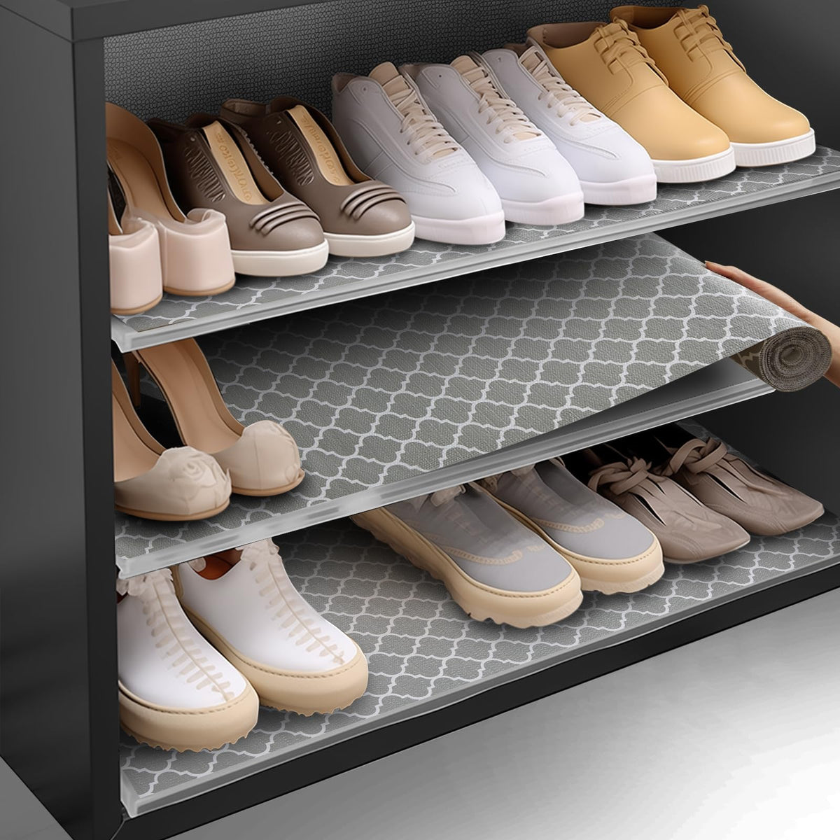 Shinlendid gray cabinet liner blends with decor and protects surfaces.