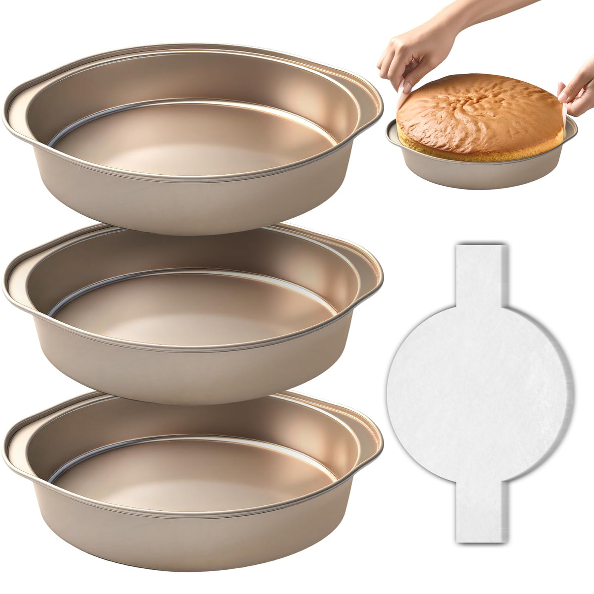 Shinsin 8-inch cake pans set viewed from top for even layers and easy handling.