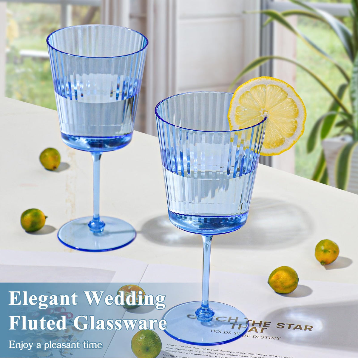 SHIQIKEJIPTY elegant blue ribbed plastic wine glass enhances table decor.