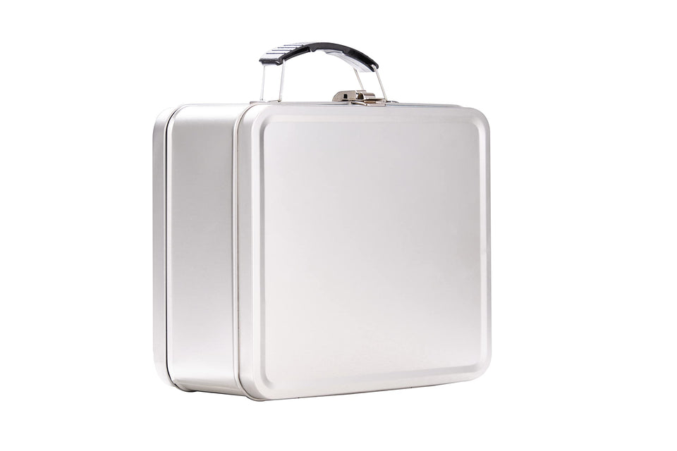 Shirin Packaging metal lunch box front view in silver gray for durable daily use.