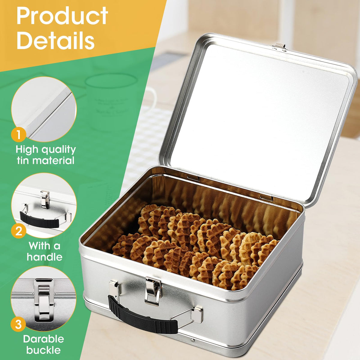 Shirin Packaging metal lunch box open lid demonstrates quick access to snacks.