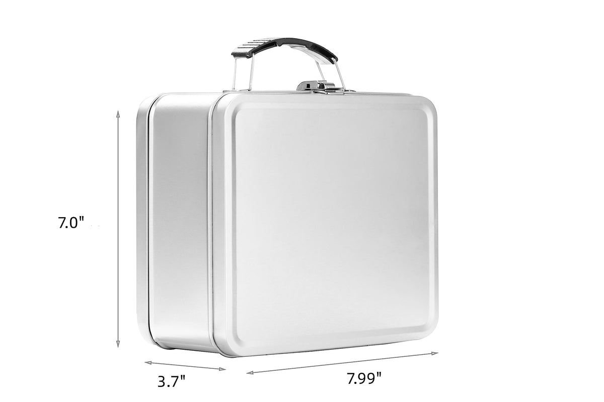 Shirin Packaging metal lunch box side view highlights compact size for easy packing.