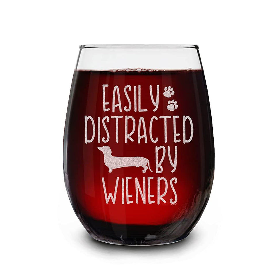 Shop4ever easily distracted by Wieners engraved wine glass 15oz for elegant entertaining.