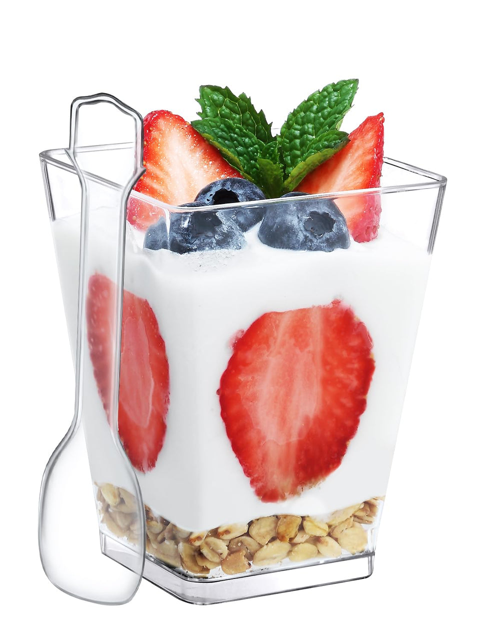 Shopday 5oz plastic dessert cups with square clear design, ideal for elegant desserts at parties