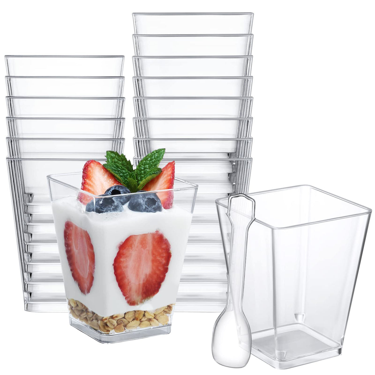 ShopDAY 5 oz square clear dessert cups ideal for parfaits and puddings.