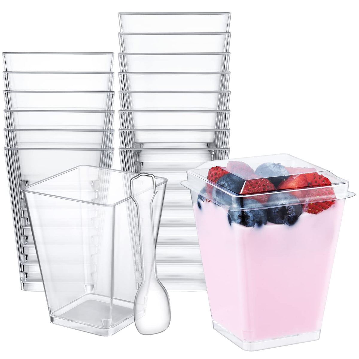 ShopDAY 5oz square dessert cups with lids and spoons, clear plastic, ideal for events.