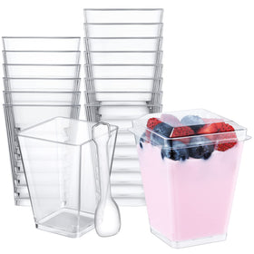 ShopDAY 5oz square dessert cups with lids and spoons, clear plastic, ideal for events.