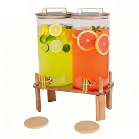 ShoreHao 2-pack glass dispensers with wooden lids showcase vibrant drinks at gatherings.