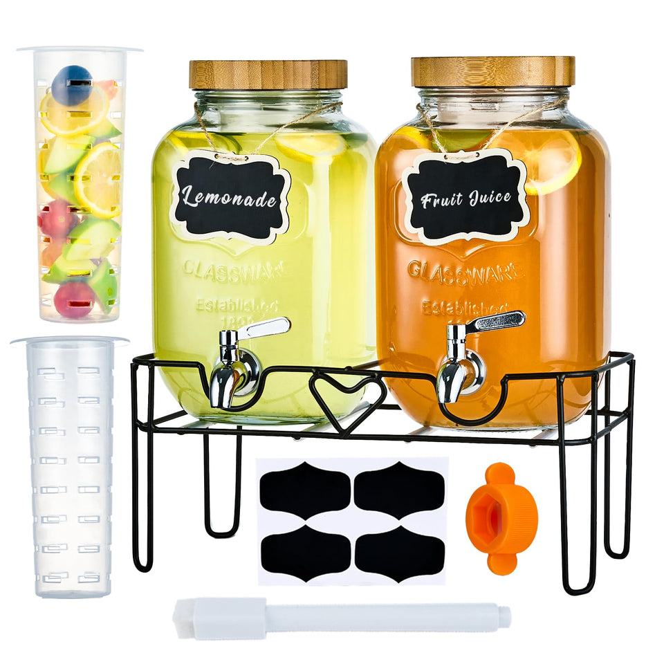 ShoreHao 2-pack 1-gallon glass dispensers with stand and bamboo lids, ideal for entertaining.