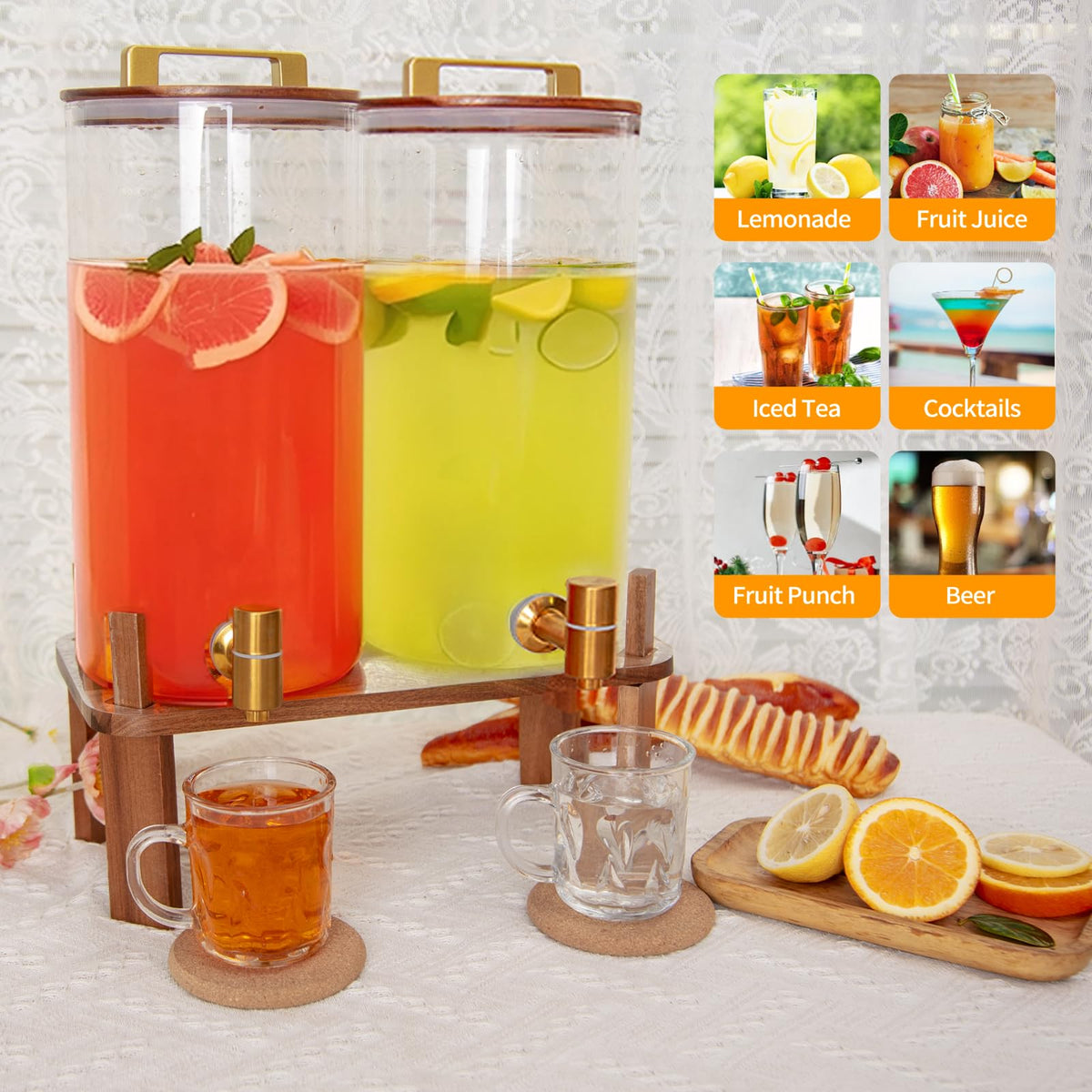 ShoreHao glass dispenser on wooden stand elevates display for weddings and parties.