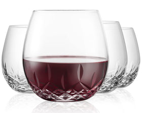 SHOSHIN hand cut stemless wine glasses closeup highlights intricate facets for everyday elegance.